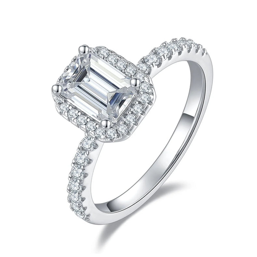 18k White Gold over Silver Emerald Cut Moissanite Engagement Ring A9327