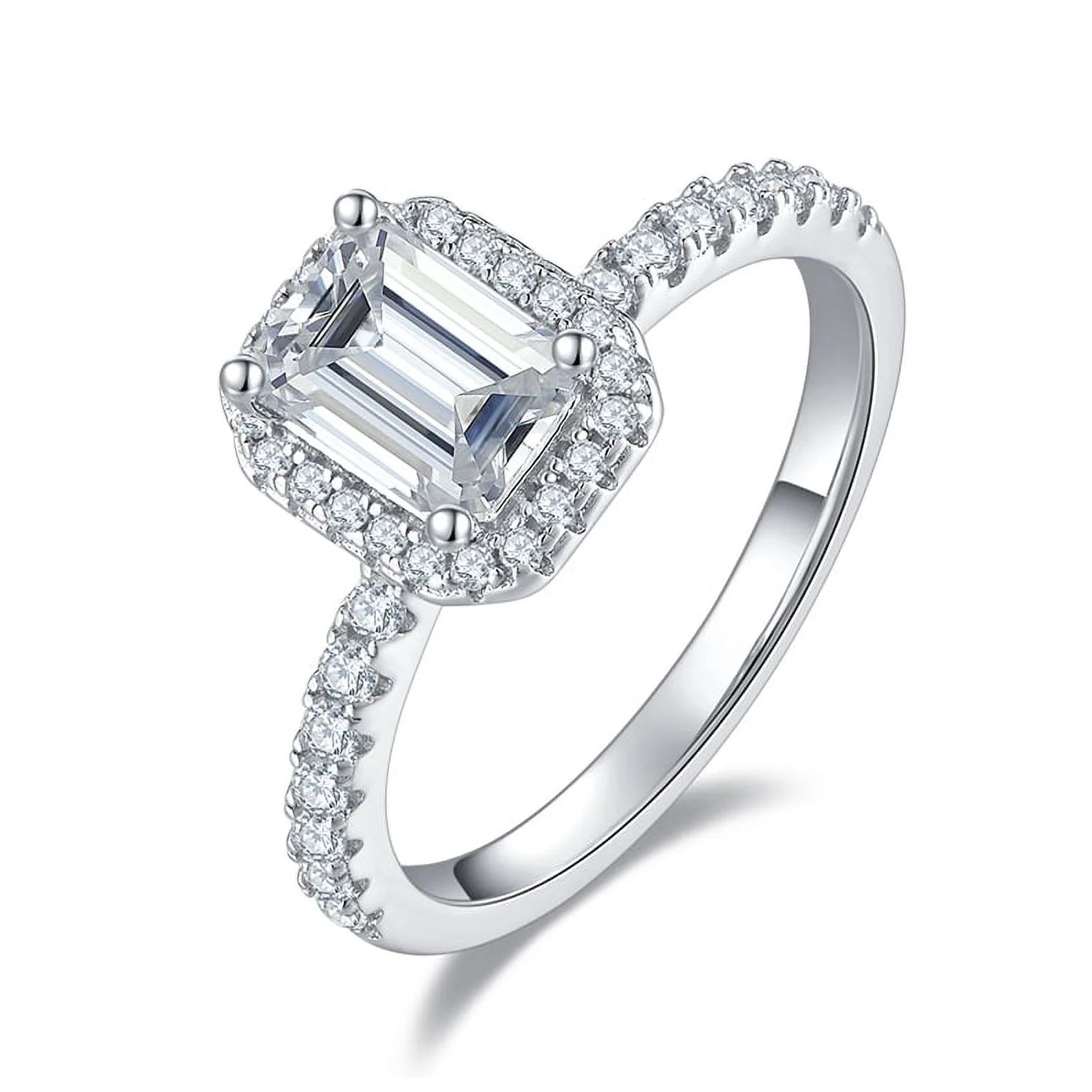 18k White Gold over Silver Emerald Cut Moissanite Engagement Ring A9327