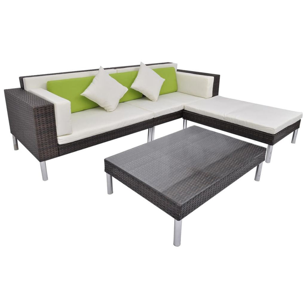 4 Piece Outdoor Conversation Set Cushioned Corner Sofa with Ottoman and Coffee Table Sectional Sofa Set Brown Poly Rattan O53420