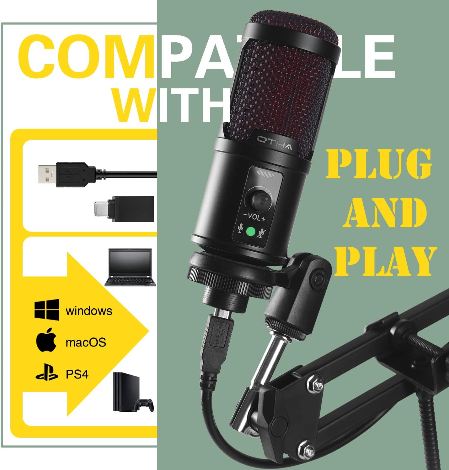 USB Condenser Microphone Kit with Adjustable Scissor Arm Stand A123
