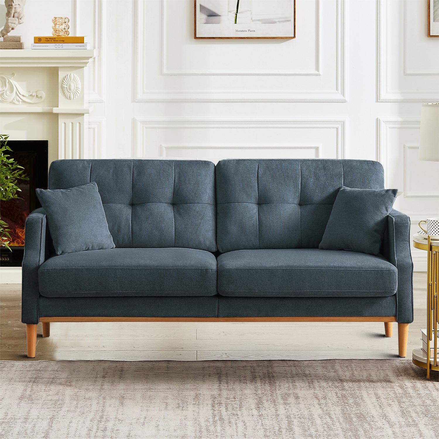Dark Blue Polyester Three Seat Sofa with Two Pillows Z1160