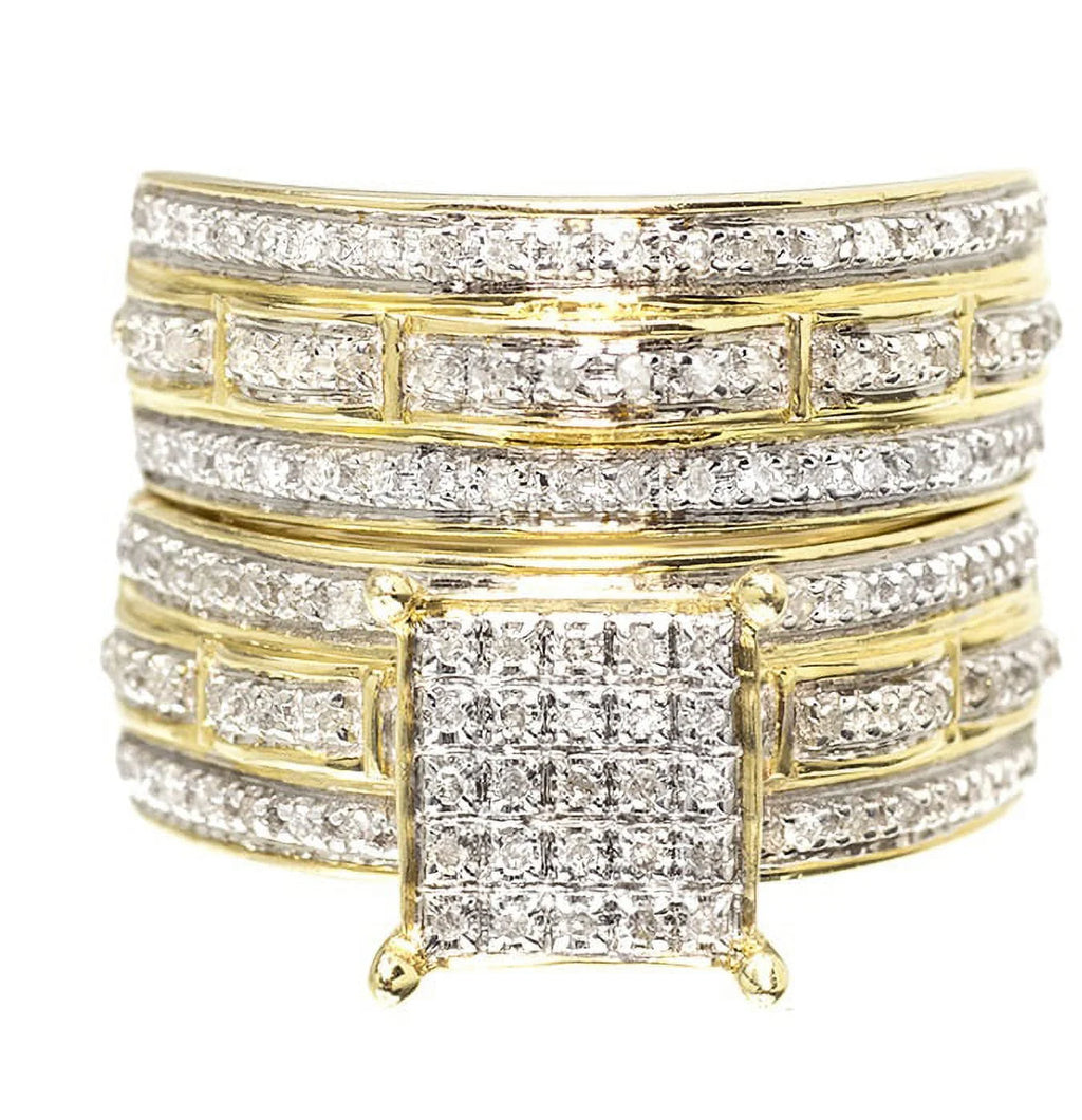 10k Yellow Gold Pave Diamond Trio Wedding Engagement Ring Set 1.0ct N23957