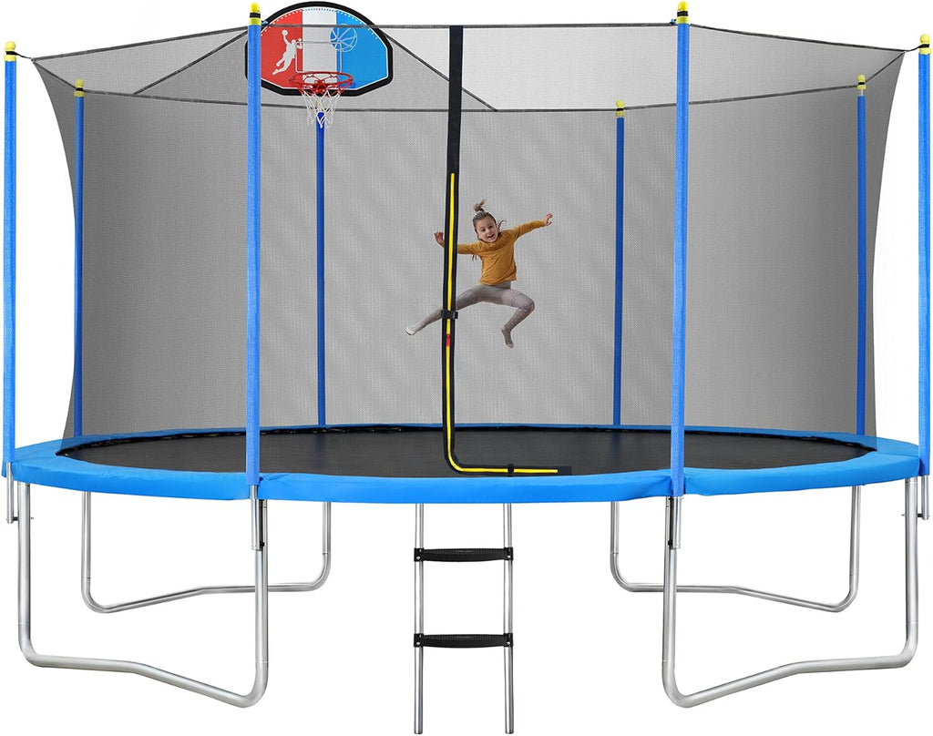 8FT 10FT 14FT 15FT 16FT Trampoline with Safety Enclosure Net, Basketball Hoop and Ladder U56289