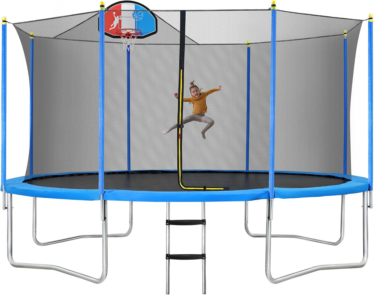 8FT 10FT 14FT 15FT 16FT Trampoline with Safety Enclosure Net, Basketball Hoop and Ladder U56289