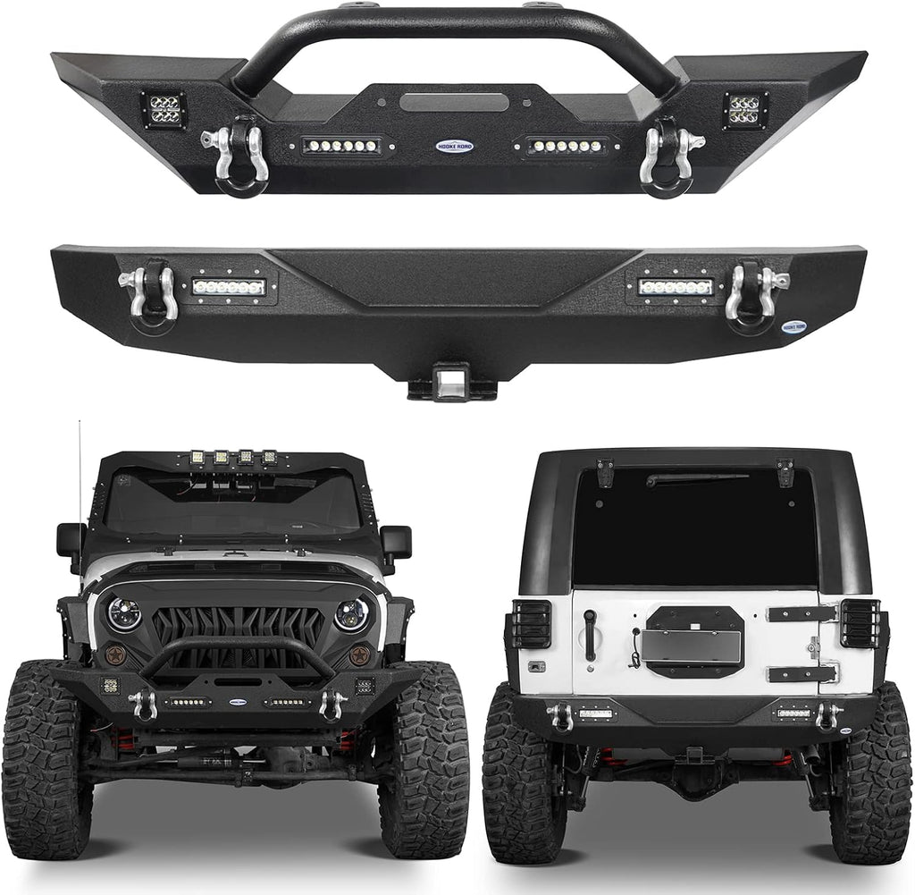 Front & Rear Bumpers Kit with Winch Plate & Hitch Receiver & LED Lights for Jeep Wrangler JK 2007-2018 O115