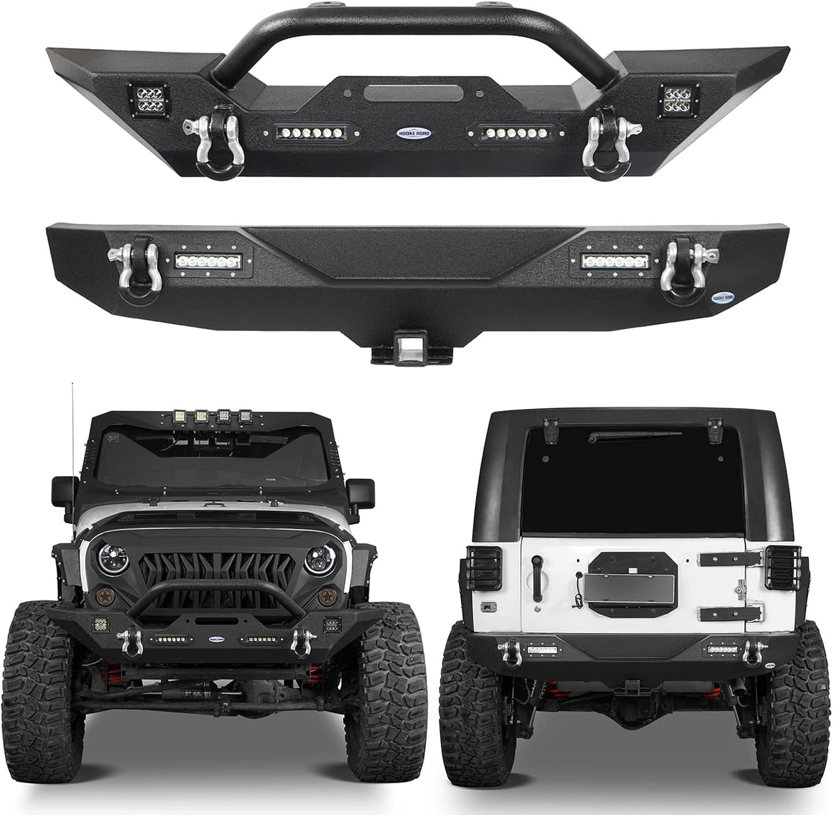 Front & Rear Bumpers Kit with Winch Plate & Hitch Receiver & LED Lights for Jeep Wrangler JK 2007-2018 O115