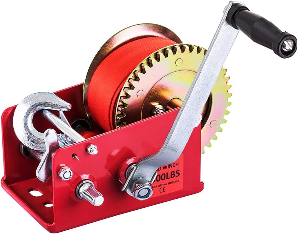 Hand Winch Heavy Duty 3500lbs with Nylon Strap and Ratchet Handle Hook 2 Gear Manual Crank Towing Winch (2500 Red) Pack of 2 D4818