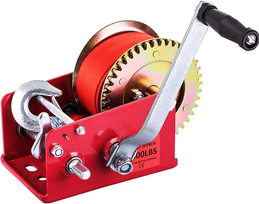 Hand Winch Heavy Duty 3500lbs with Nylon Strap and Ratchet Handle Hook 2 Gear Manual Crank Towing Winch (2500 Red) Pack of 2 D4818