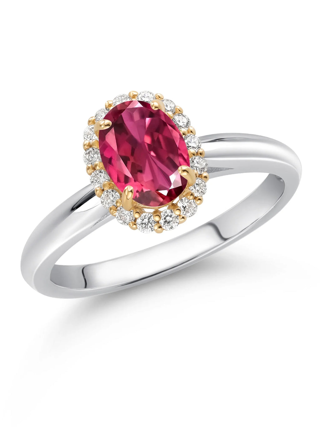 925 Sterling Silver 10k Yellow Gold Pink Tourmaline White Lab Grown Diamond Halo Engagement Ring B11285