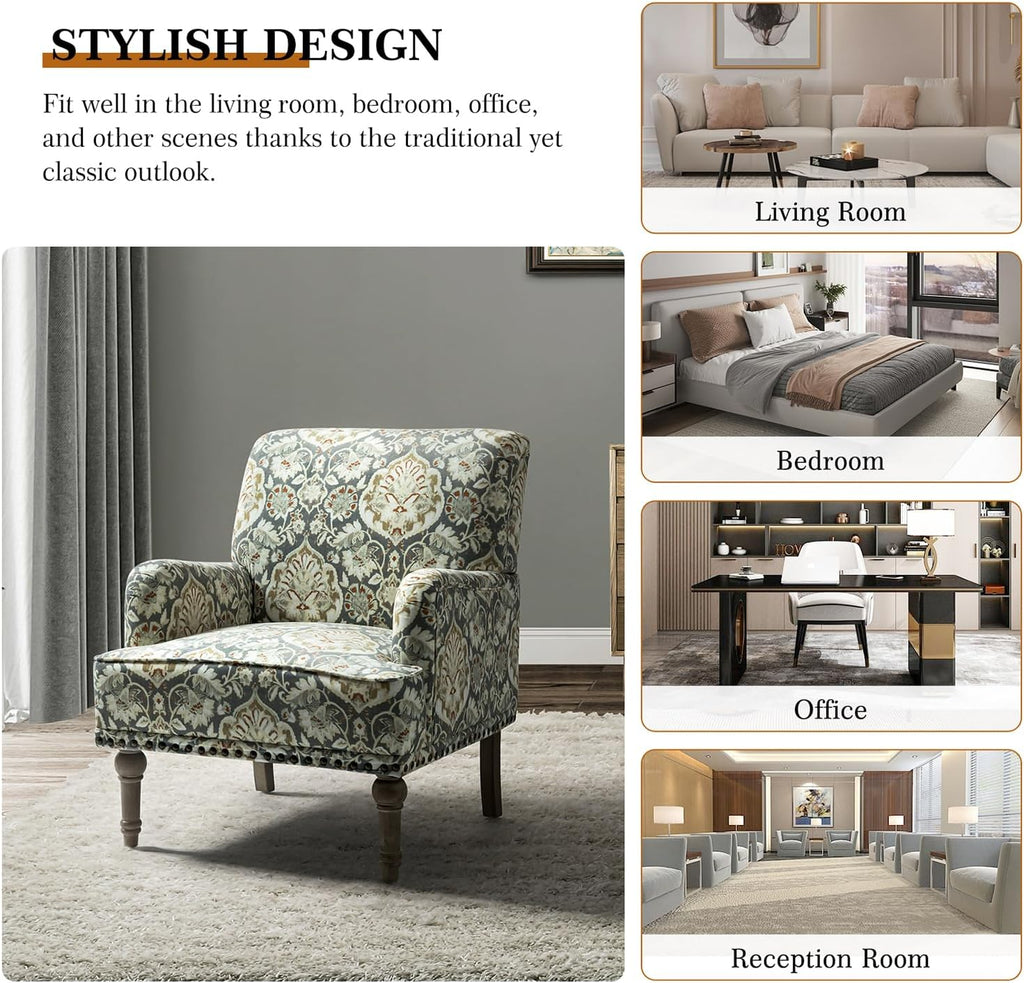 Armchair with Wood Legs & Nailhead Trim, Floral Pattern R2890