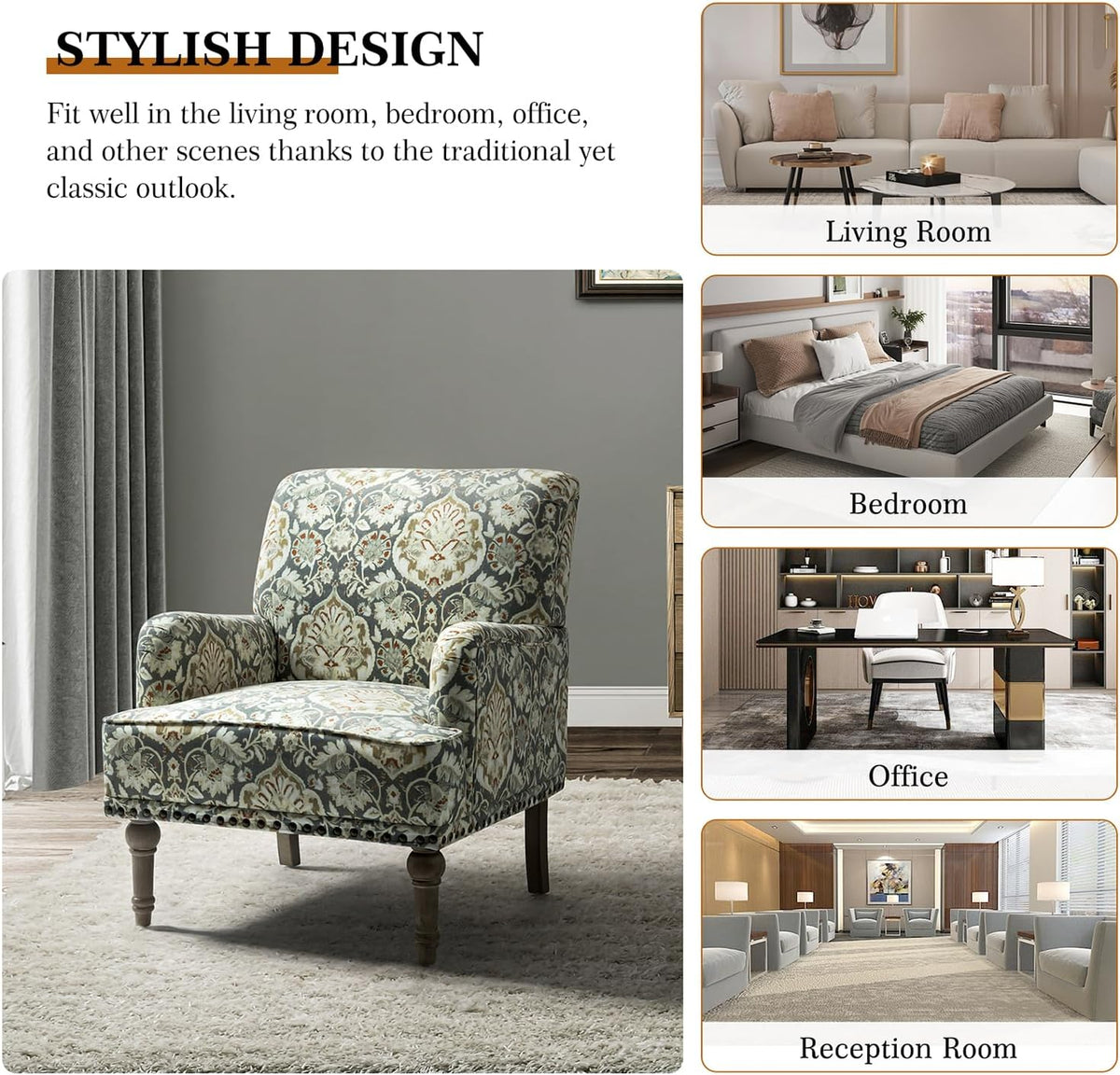 Armchair with Wood Legs & Nailhead Trim, Floral Pattern R2890