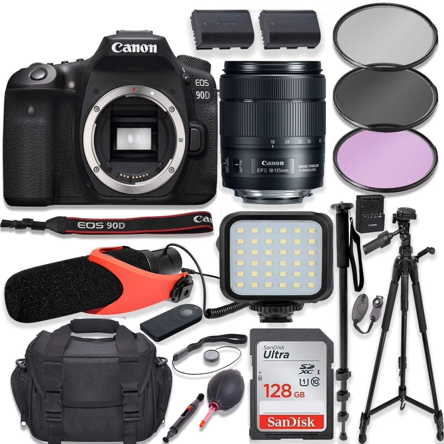 Canon EOS 90D DSLR Camera with 18-135mm USM Lens Kit, 128GB Memory, LED Light, Condenser Microphone, 60" Tripod M269