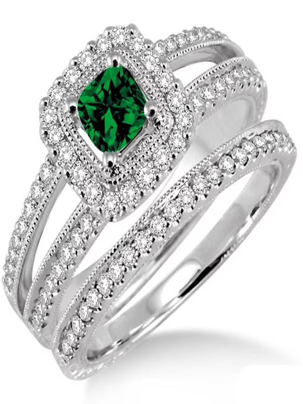 Emerald & Diamond Halo Bridal Ring on 10k White Gold G5087