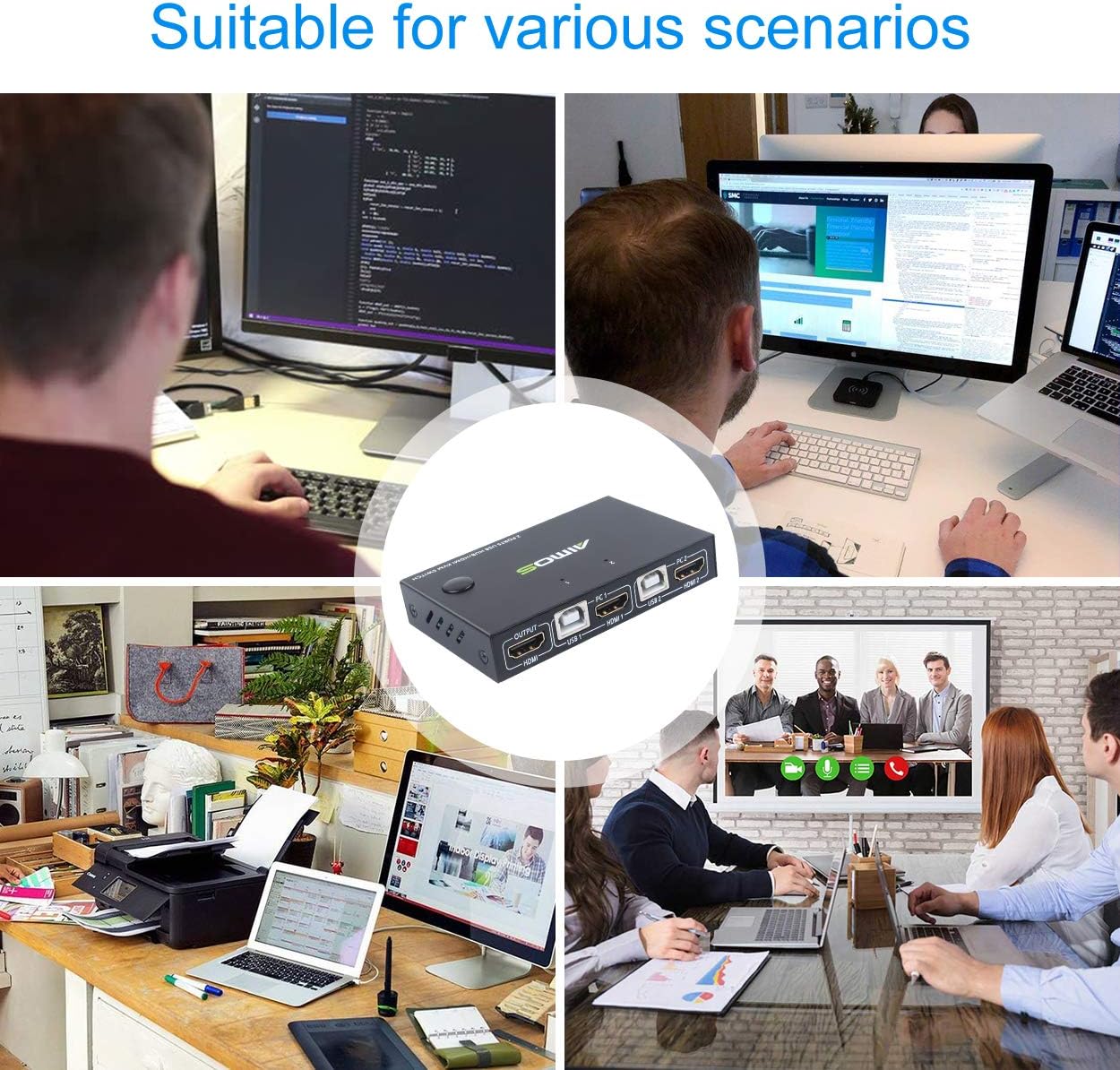 KVM Switch HDMI 2 Port Box with 4 USB Hub, UHD 4K@30Hz, 2 HDMI Cables and 2 USB Cables Z427