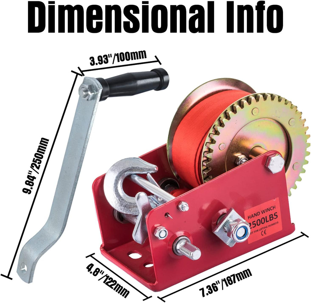 Hand Winch Heavy Duty 3500lbs with Nylon Strap and Ratchet Handle Hook 2 Gear Manual Crank Towing Winch (2500 Red) Pack of 2 D4818