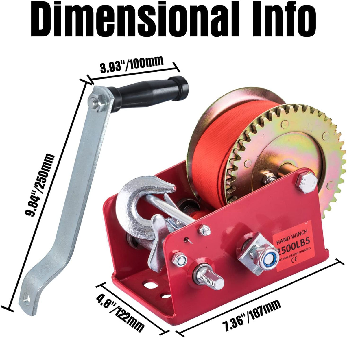 Hand Winch Heavy Duty 3500lbs with Nylon Strap and Ratchet Handle Hook 2 Gear Manual Crank Towing Winch (2500 Red) Pack of 2 D4818