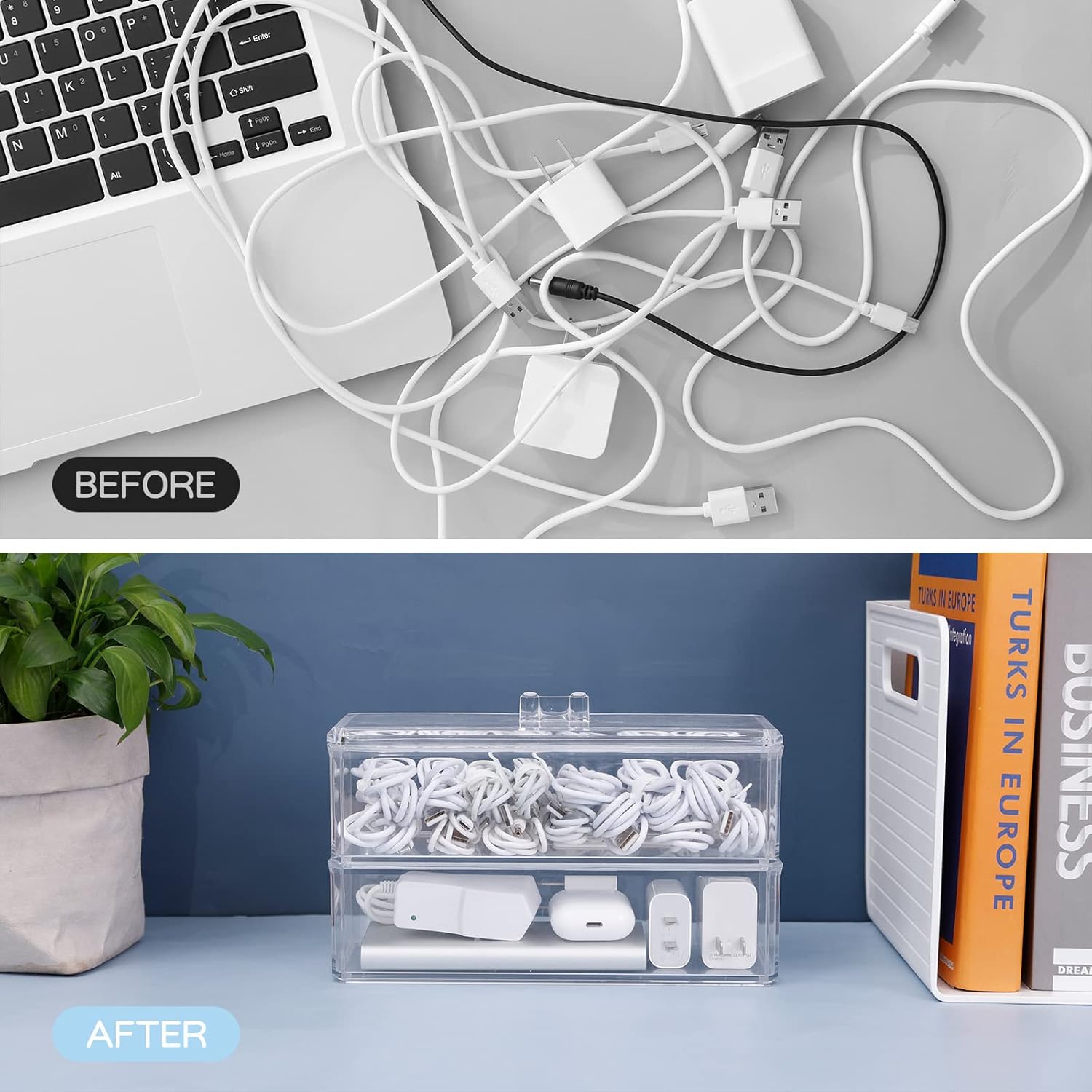 Plastic Electronics Organizer with Lid and 20 Wire Ties, Clear Cable Management Box, Stackable Desk Drawer Storage (2 Pack) V4937