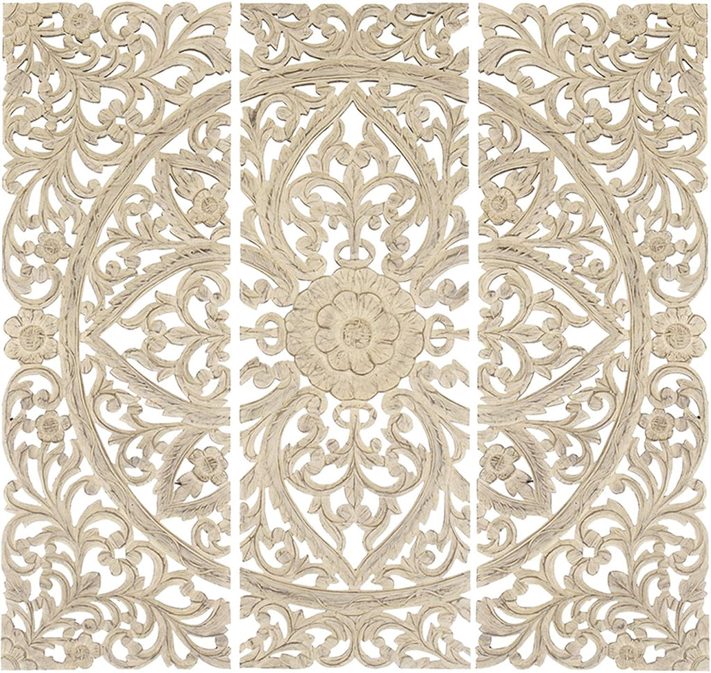 Antique White Floral Hand Carved Wooden Wall Plaque, Set of 3 N12817