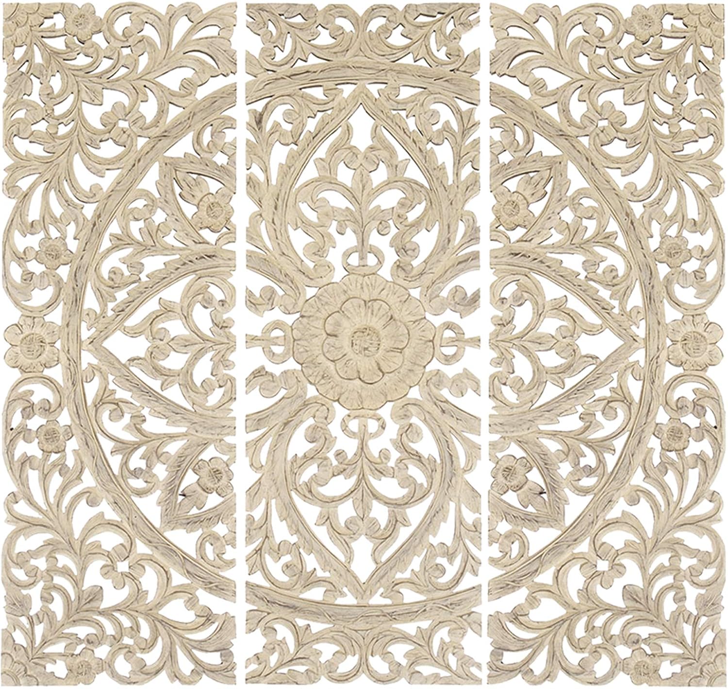 Antique White Floral Hand Carved Wooden Wall Plaque, Set of 3 N12817