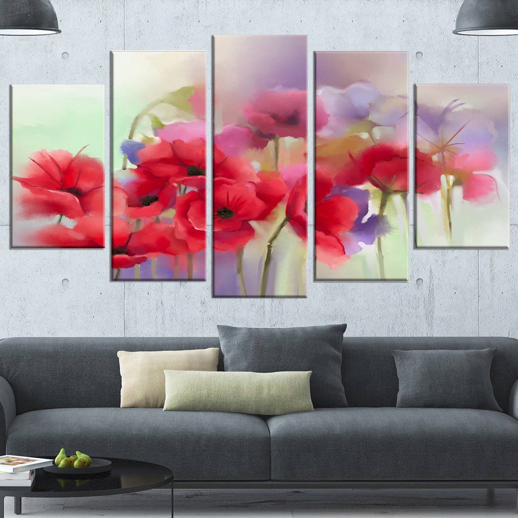Watercolor Red Poppy Flowers Painting Print on Wrapped Canvas O9305