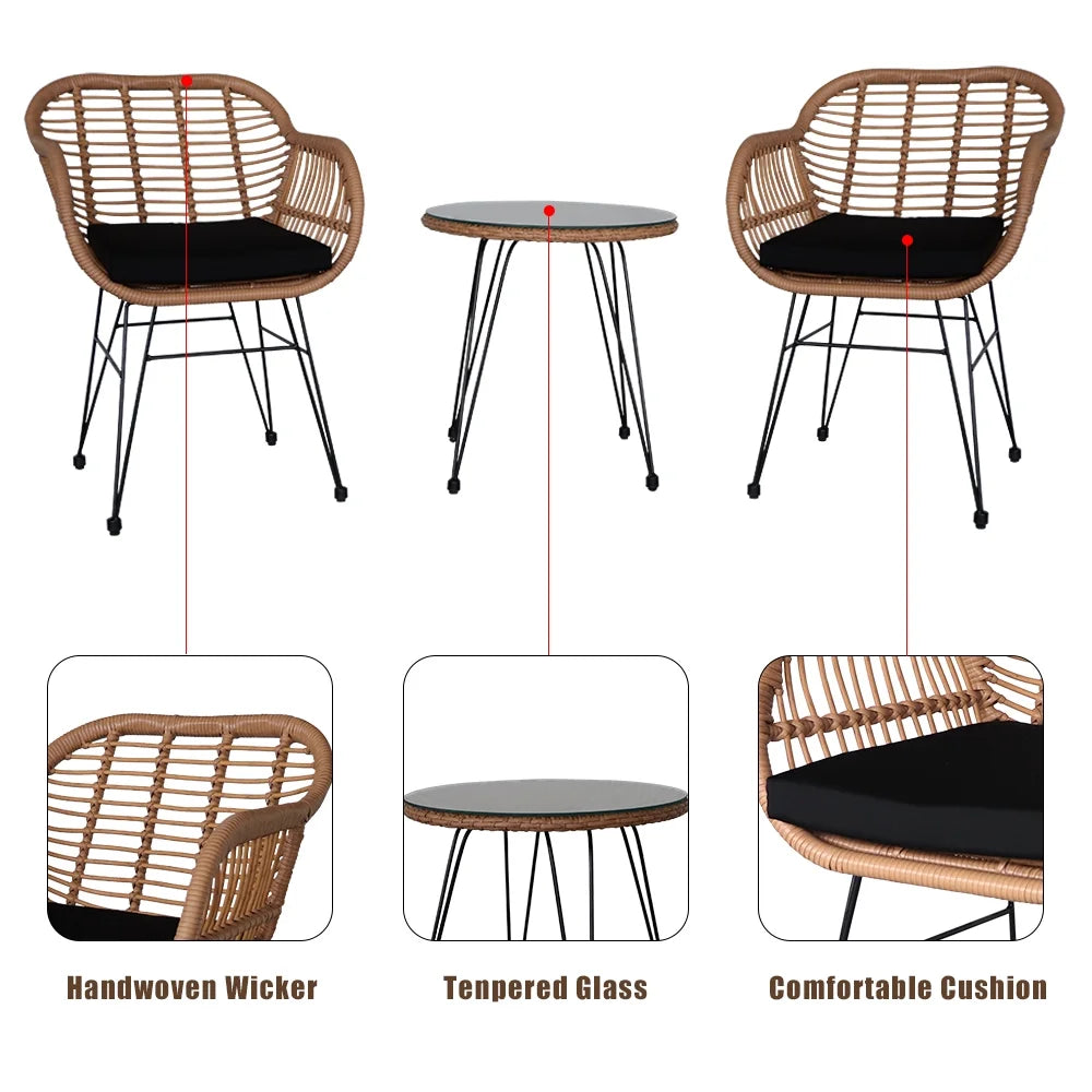 3 Piece Wicker Patio Conversation Set with Glass Side Table and Cushioned Chairs M1753
