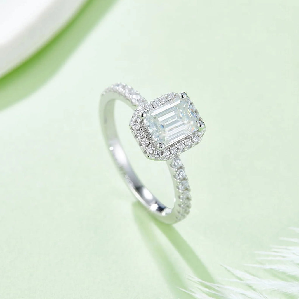 18k White Gold over Silver Emerald Cut Moissanite Engagement Ring A9327