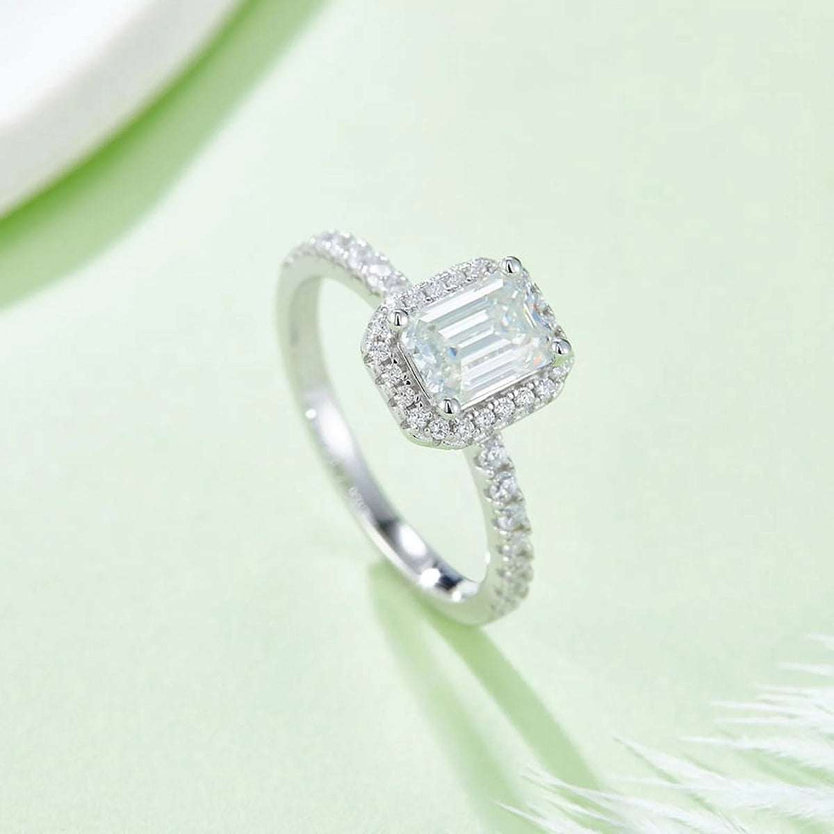 18k White Gold over Silver Emerald Cut Moissanite Engagement Ring A9327