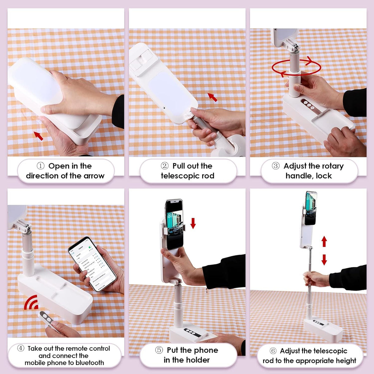 Foldable Phone Holder with LED Light, 360° Rotation, 44 Inch Stand, Pack of 2 Q15942