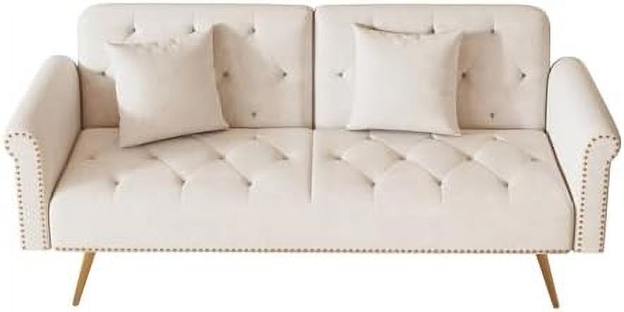 Beige Velvet Convertible Futon Sofa Bed with Two Pillows D686834