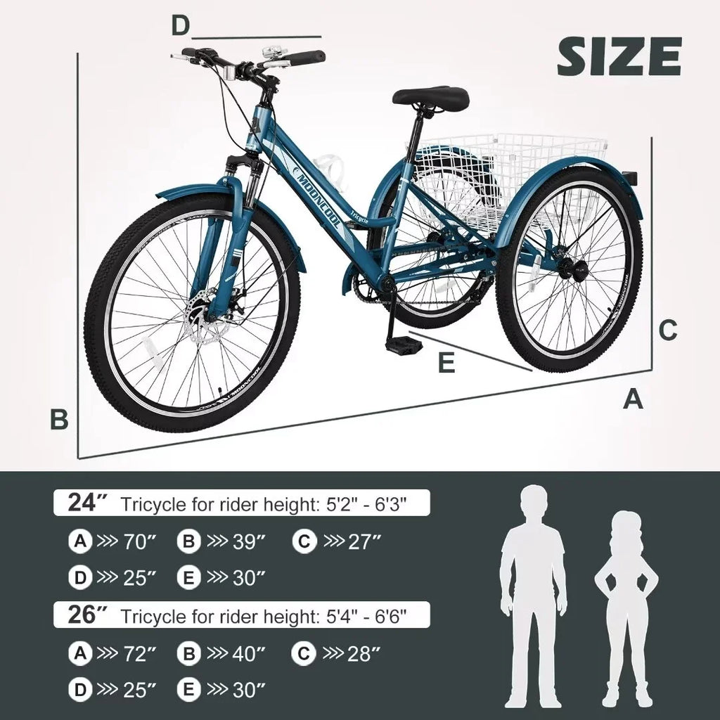 Adult Tricycle 7 Speed 26 Inch Three Wheel Bike with Shopping Basket D802392