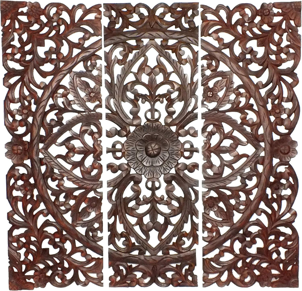 Antique White Floral Hand Carved Wooden Wall Plaque, Set of 3 N12817