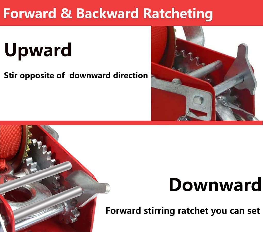 Hand Winch Heavy Duty 3500lbs with Nylon Strap and Ratchet Handle Hook 2 Gear Manual Crank Towing Winch (2500 Red) Pack of 2 D4818