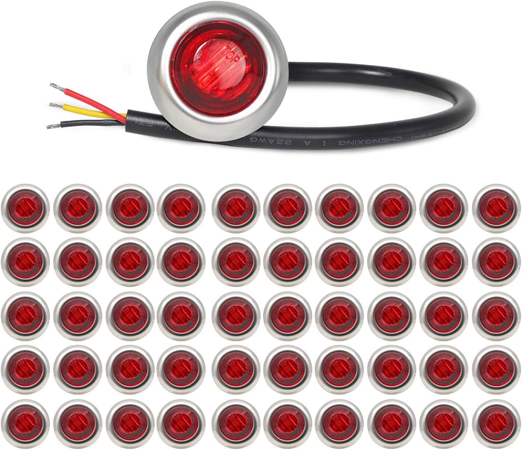 Red LED Side Marker Indicator Lights with Chrome Bezel, 12V DC, Pack of 50 H3508
