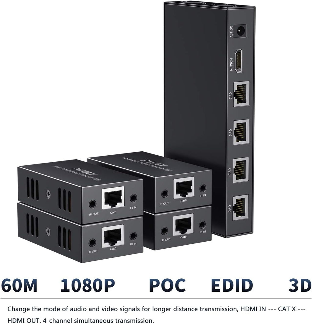 1x4 HDMI Extender Splitter 1080P Over Ethernet Cat5 Cat5e Cat6 I1916