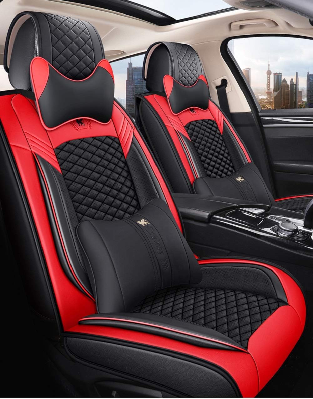 Lu Black & Red Leather Car Seat Covers 5 Seats Full Set R57476
