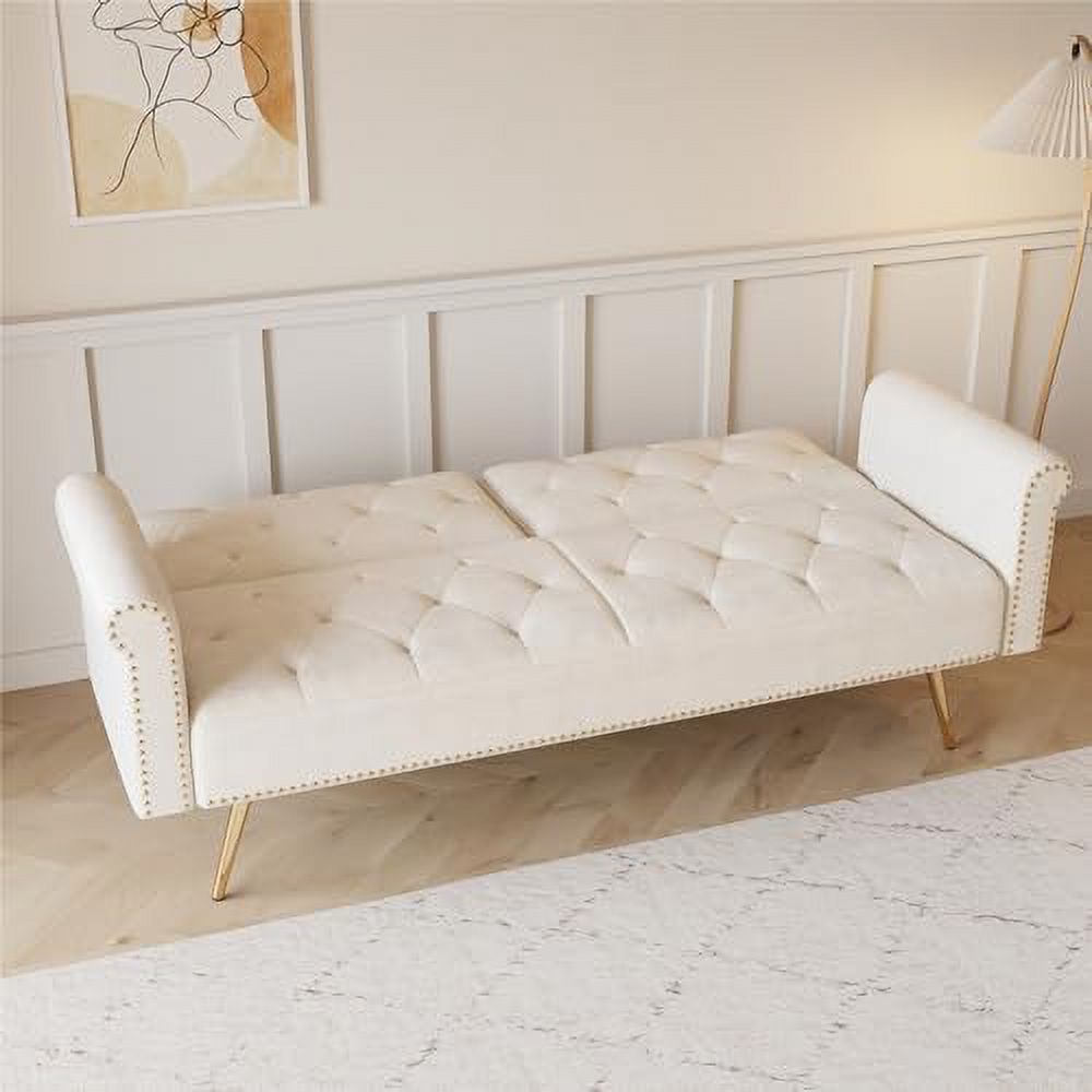 Beige Velvet Convertible Futon Sofa Bed with Two Pillows D686834
