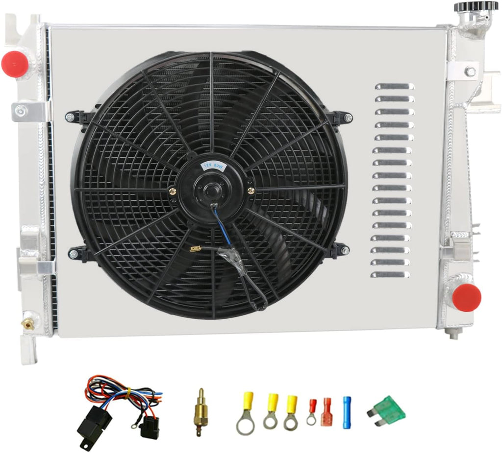 2 Row All Aluminum Radiator with Shroud Fan and Thermostat Relay Kits X454368