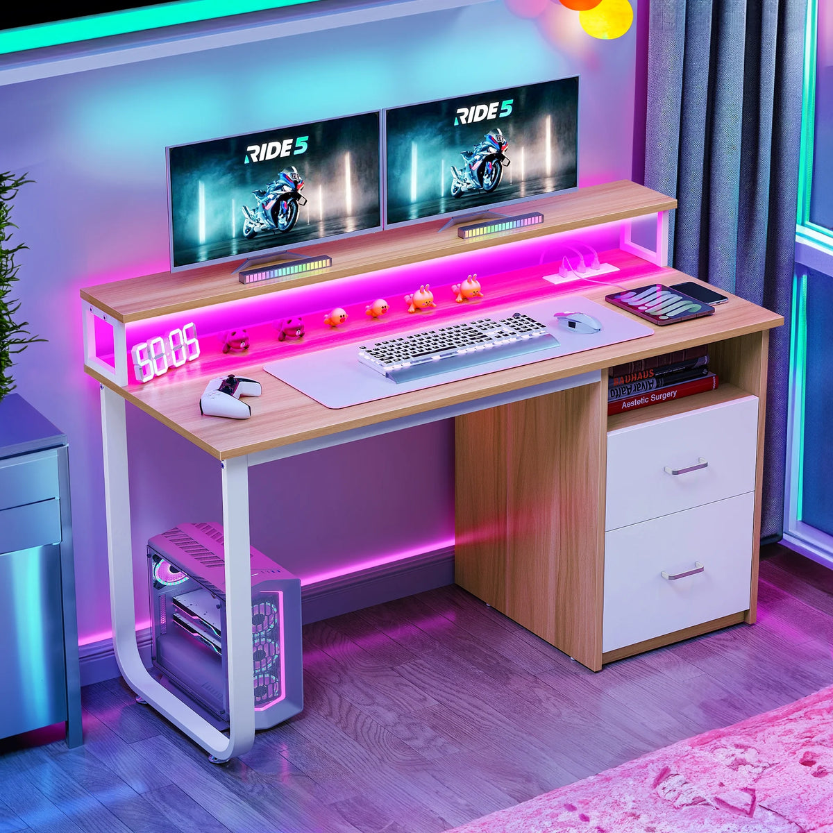 47 inch Computer Desk with Storage Drawers & LED Light, Monitor Stand & Power Outlets V725574
