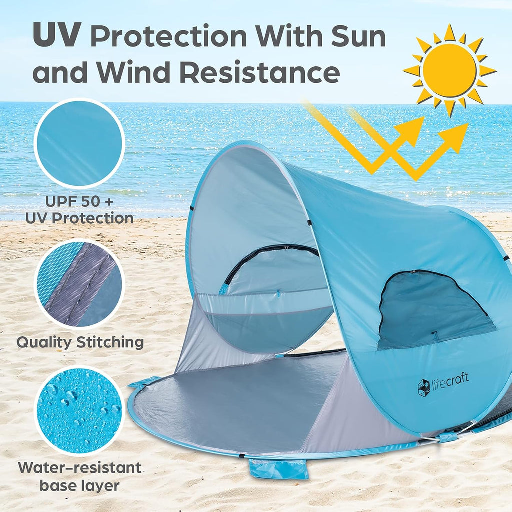 Blue Pop Up Beach Tent 3 4 Person Sun Shelter with UPF 50+ UV Protection F966
