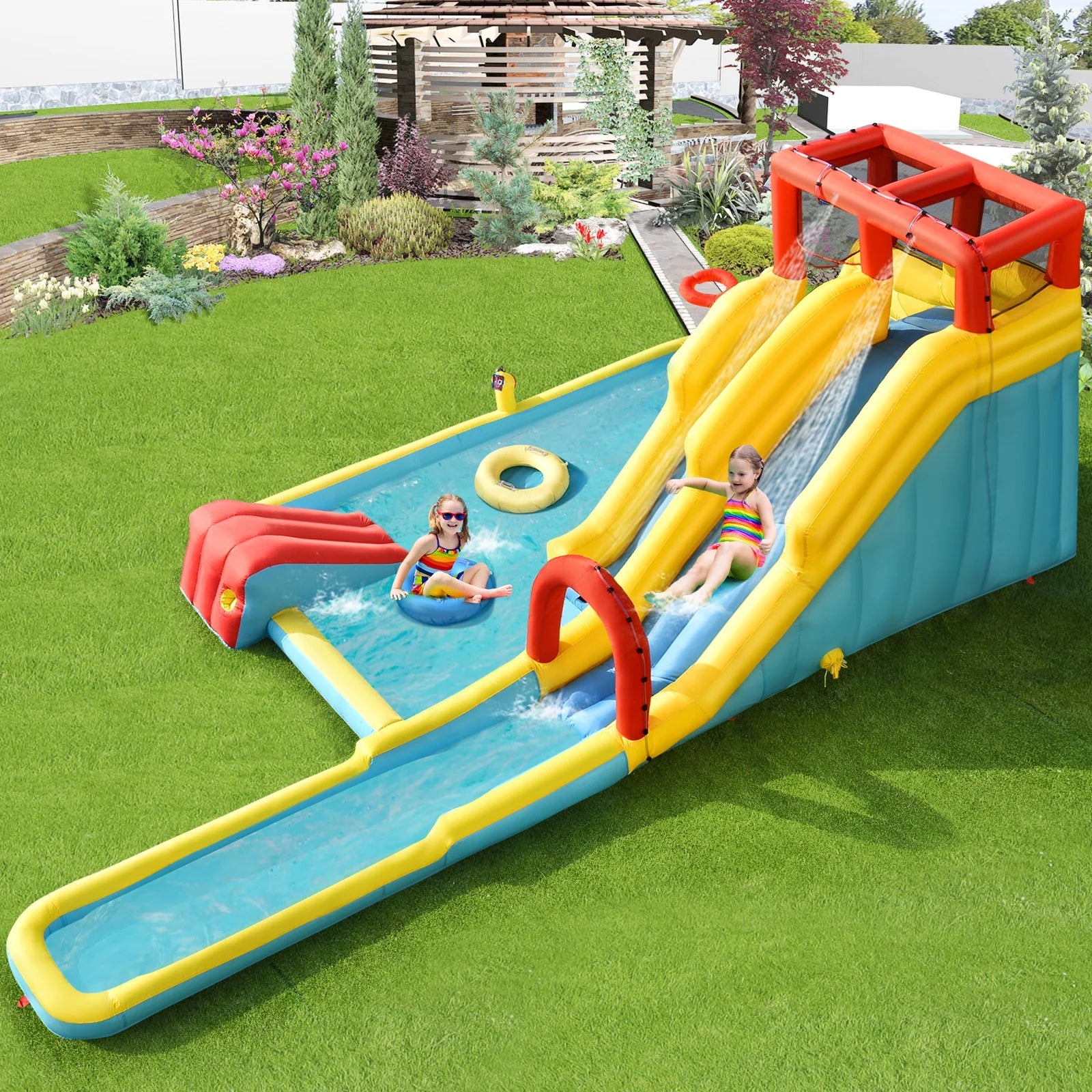 7 in 1 Inflatable Dual Slide Water Park Climbing Bouncer with 950W Blower R980199