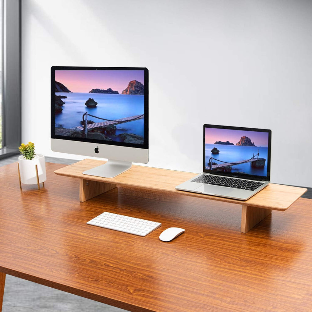 Large Bamboo Wood Dual Monitor Stand Riser Pack of 2 X81022